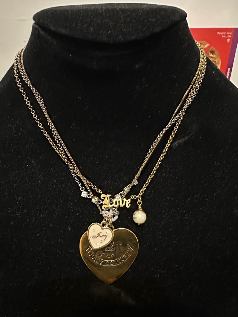 Juicy Couture Gold-Tone Layered 'Love' Heart Pendant Necklace with Pearl Drop